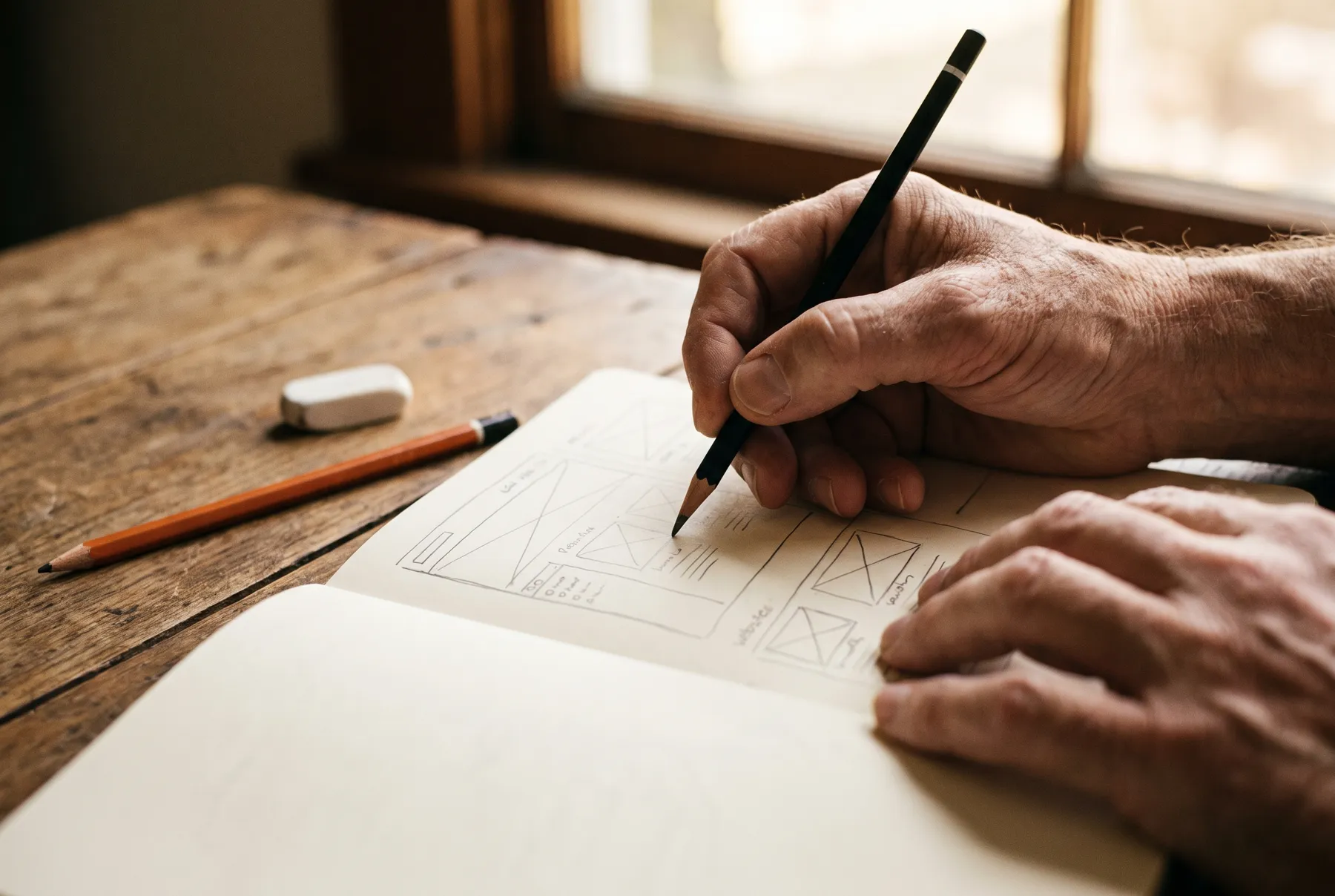 Hände skizzieren ein Website-Layout mit Bleistift